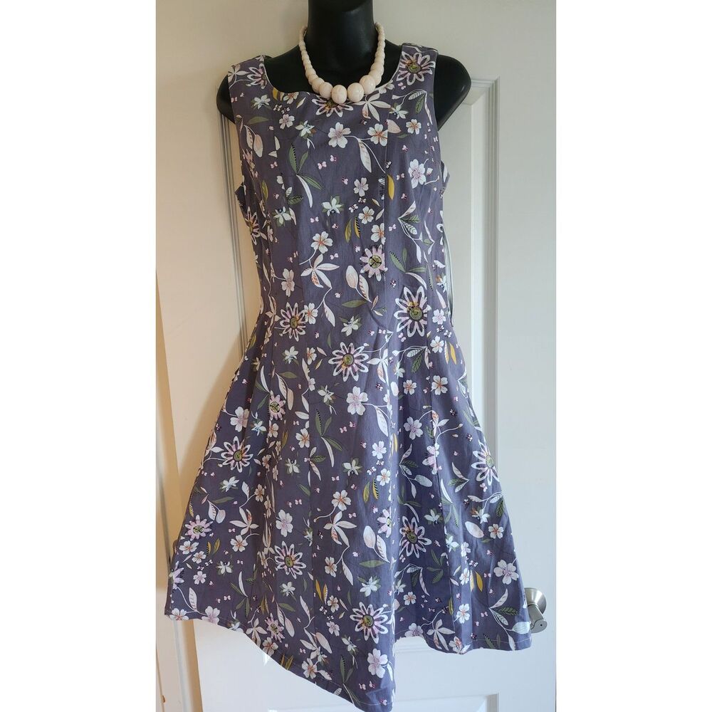 Frock Shop RETIRED Grey Cotton Sleeveless Retro Dress Pink Bees Flowers Size S